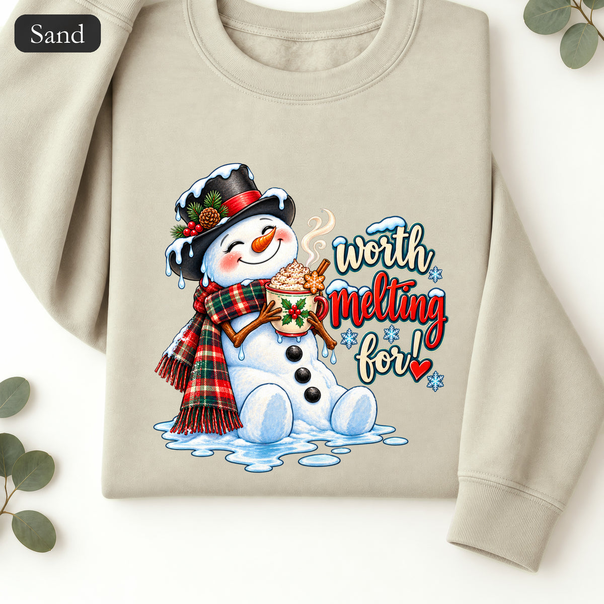 Worth melting for -Snowman with with cocoa Sweatshirt | Christmas Holiday Snowman Crewneck