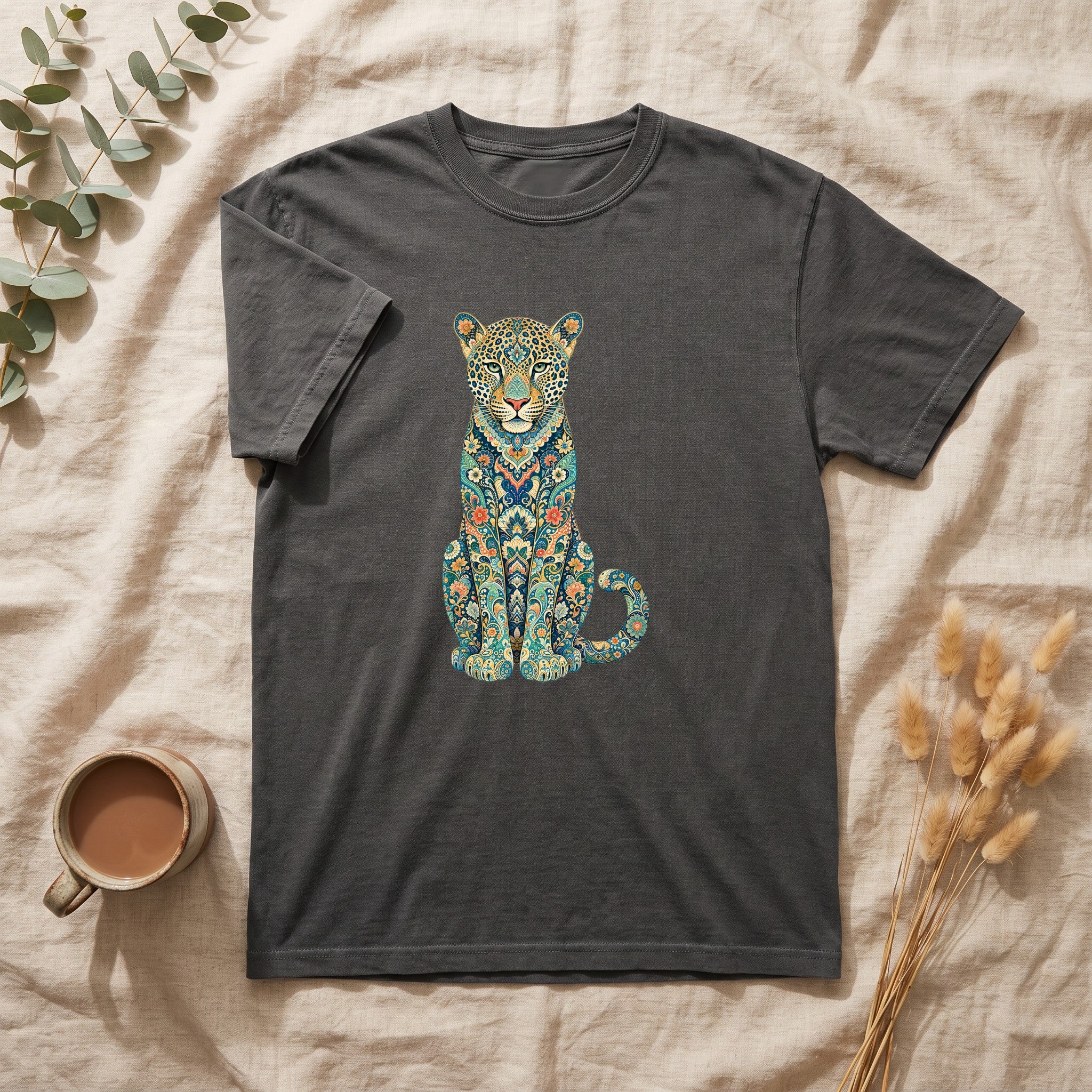 Boho Leopard Shirt, Folk Art Leopard Tee, Japanese Pattern Big Cat Lover Gift, Vintage Floral Leopard Sweatshirt