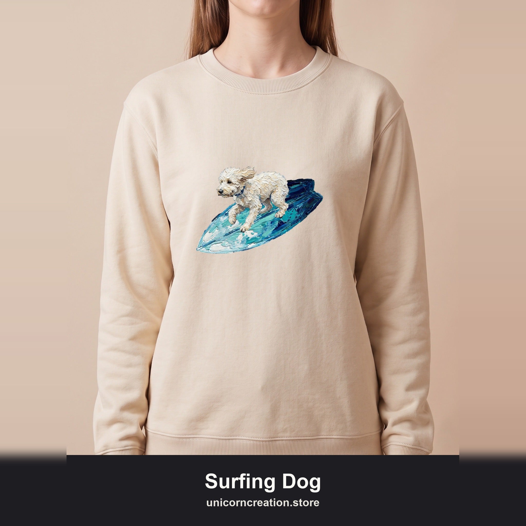 Surfing Dog Shirt, Painterly Surf Dog Tee, Beach Coastal Dog Lover Gift, Summer Ocean Dog Mom Sweatshirt