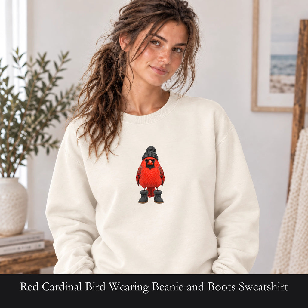 Red Cardinal Bird Wearing Beanie and Boots Sweatshirt | Winter Bird Crewneck