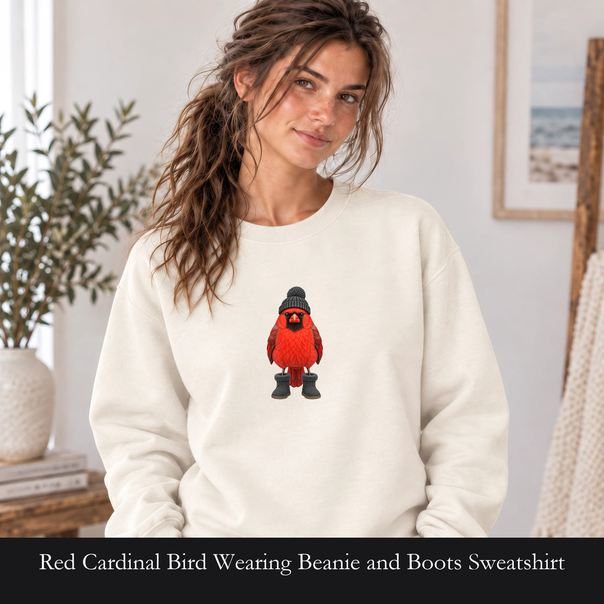 Red Cardinal Bird Wearing Beanie and Boots Sweatshirt | Winter Bird Crewneck