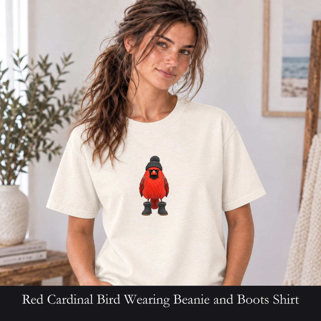 Red Cardinal Bird Wearing Beanie and Boots Shirt | Winter Bird Tee