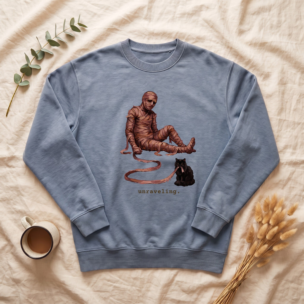 Unraveling Mummy & Cat Sweatshirt, Funny Halloween Mummy Crewneck, Cozy Deadpan Spooky Sweatshirt, Black Cat Lover Gift