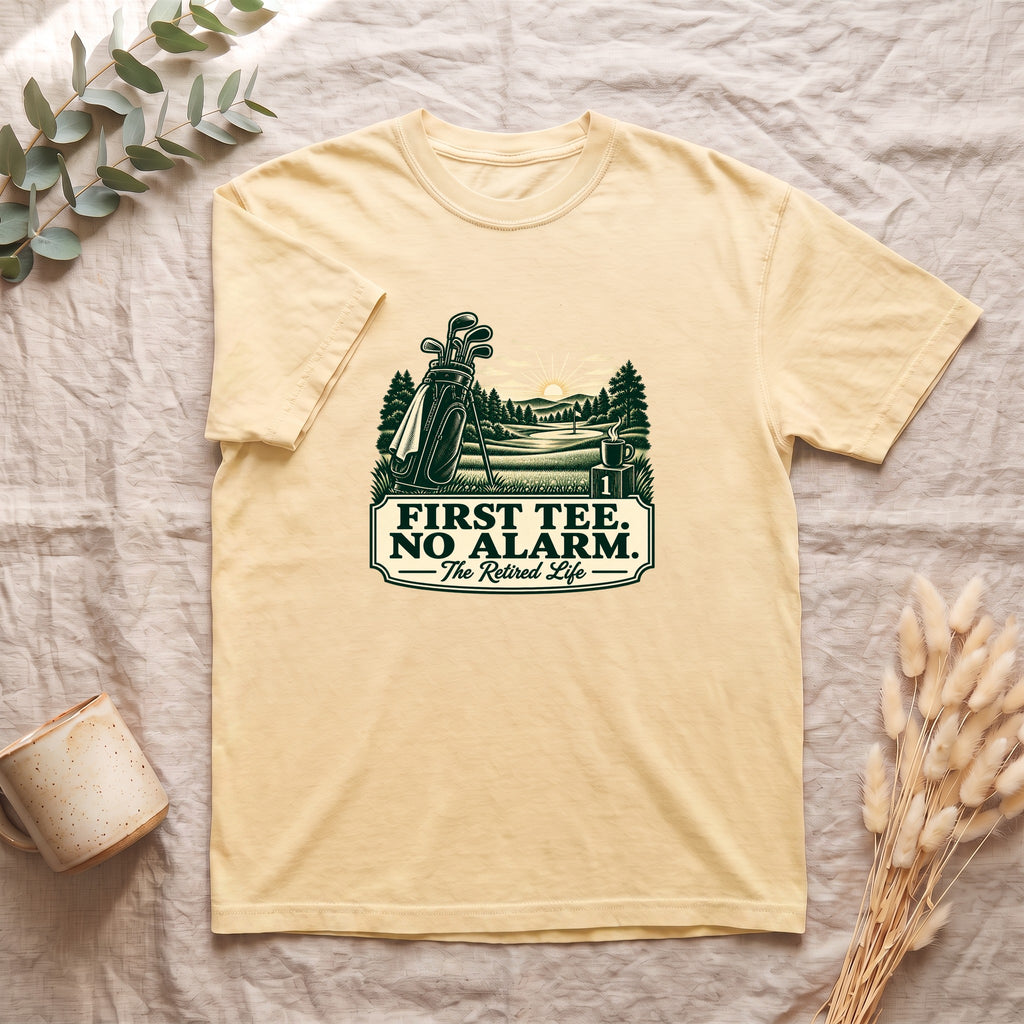 Golf Shirt, First Tee No Alarm, Vintage Golf Graphic Tee, Funny Golfer Retirement Gift