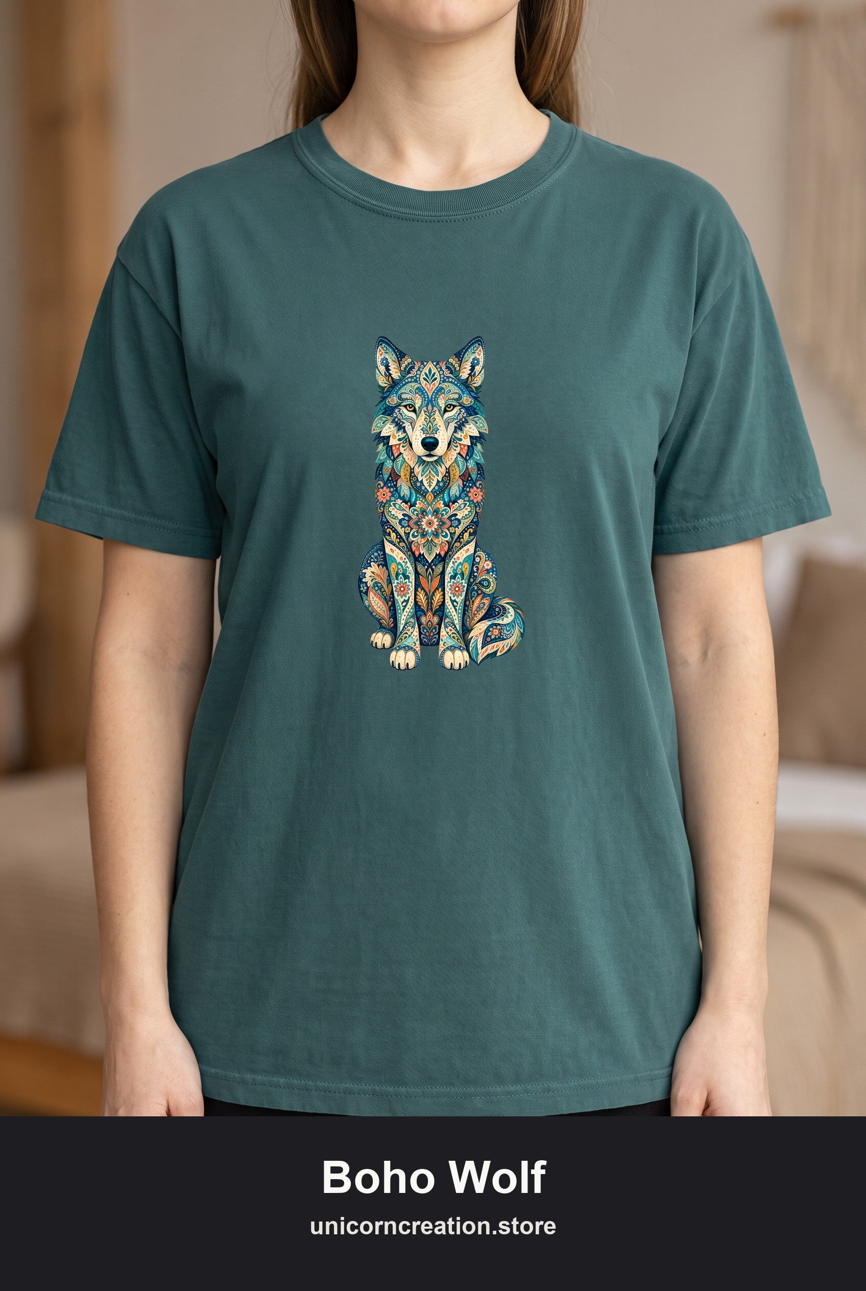 Boho Wolf Shirt, Folk Art Wolf Tee, Japanese Pattern Wolf Lover Gift, Vintage Floral Wolf Sweatshirt