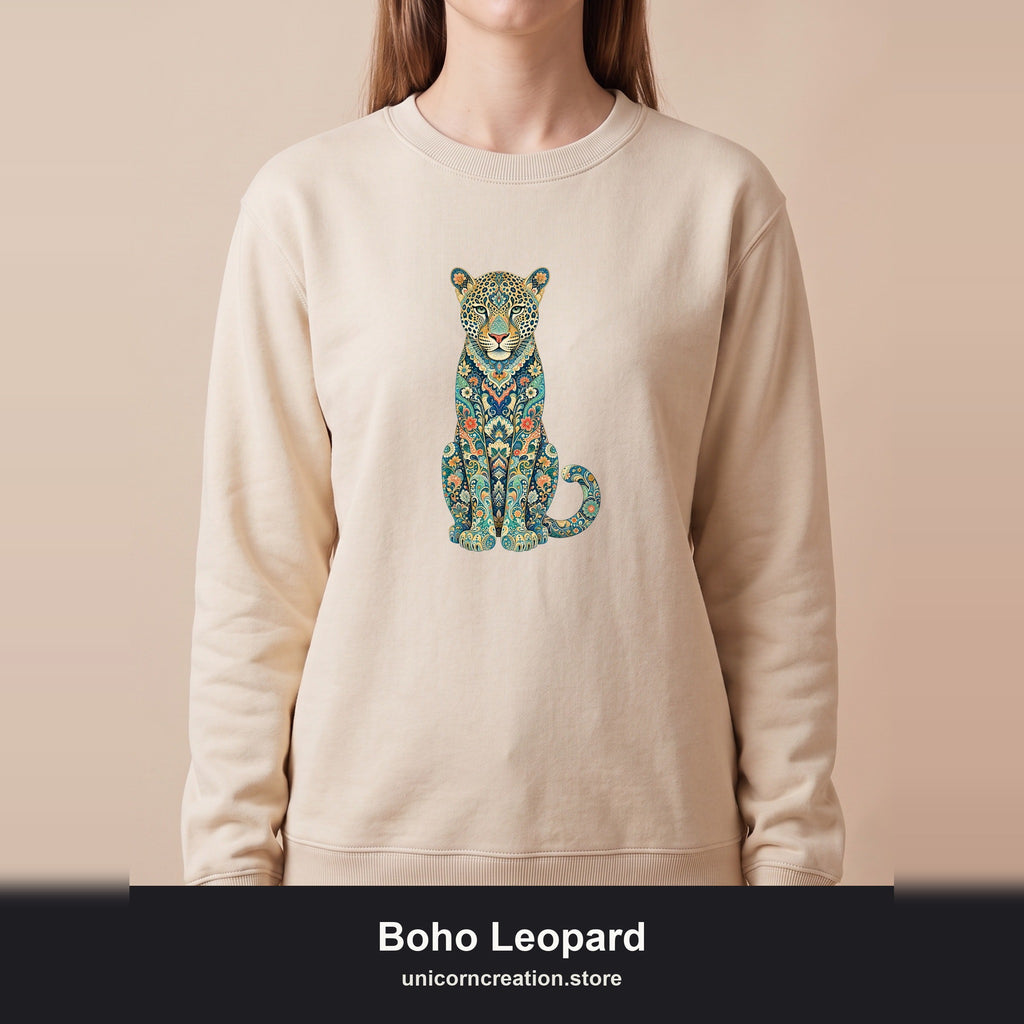 Boho Leopard Shirt, Folk Art Leopard Tee, Japanese Pattern Big Cat Lover Gift, Vintage Floral Leopard Sweatshirt