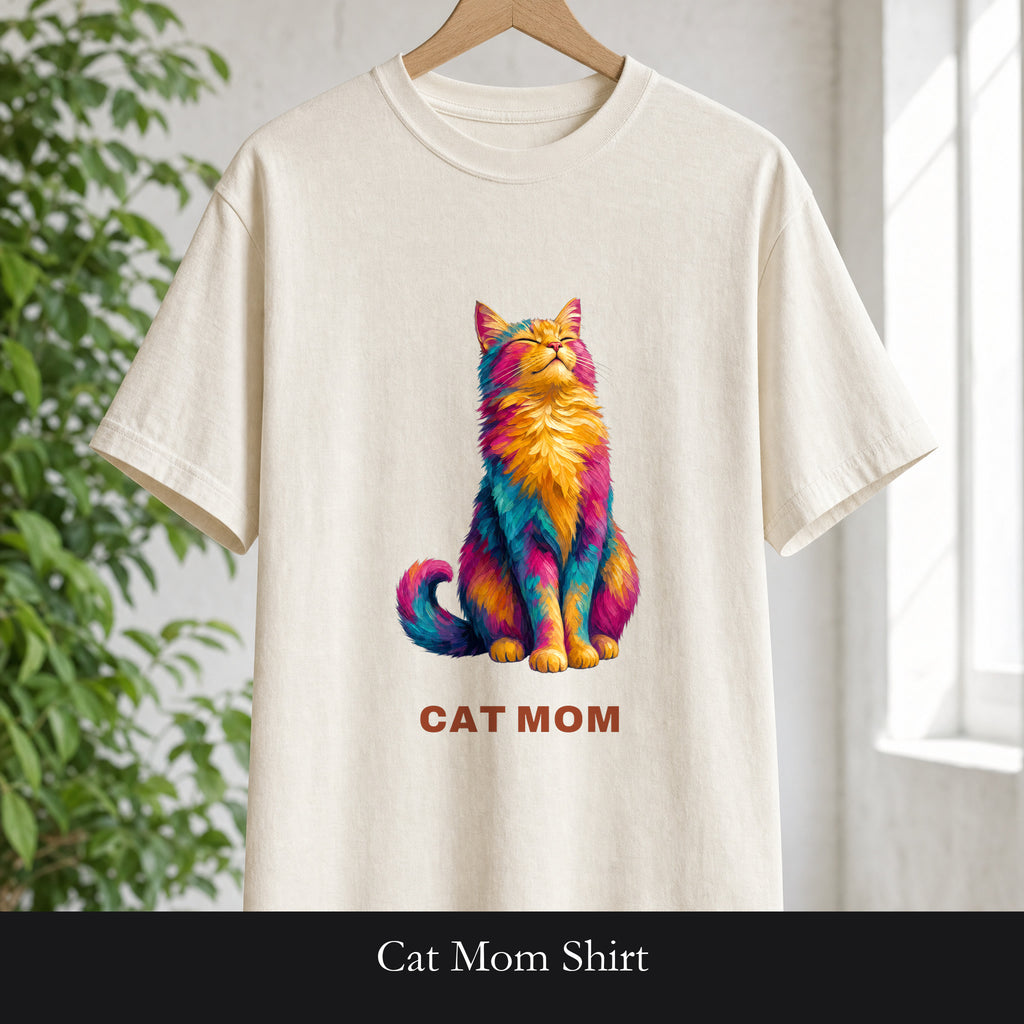 Cat Mom Shirt, Vibrant Painterly Cat Tee, Bold Cat Lover Gift, Colorful Cat Owner Sweatshirt