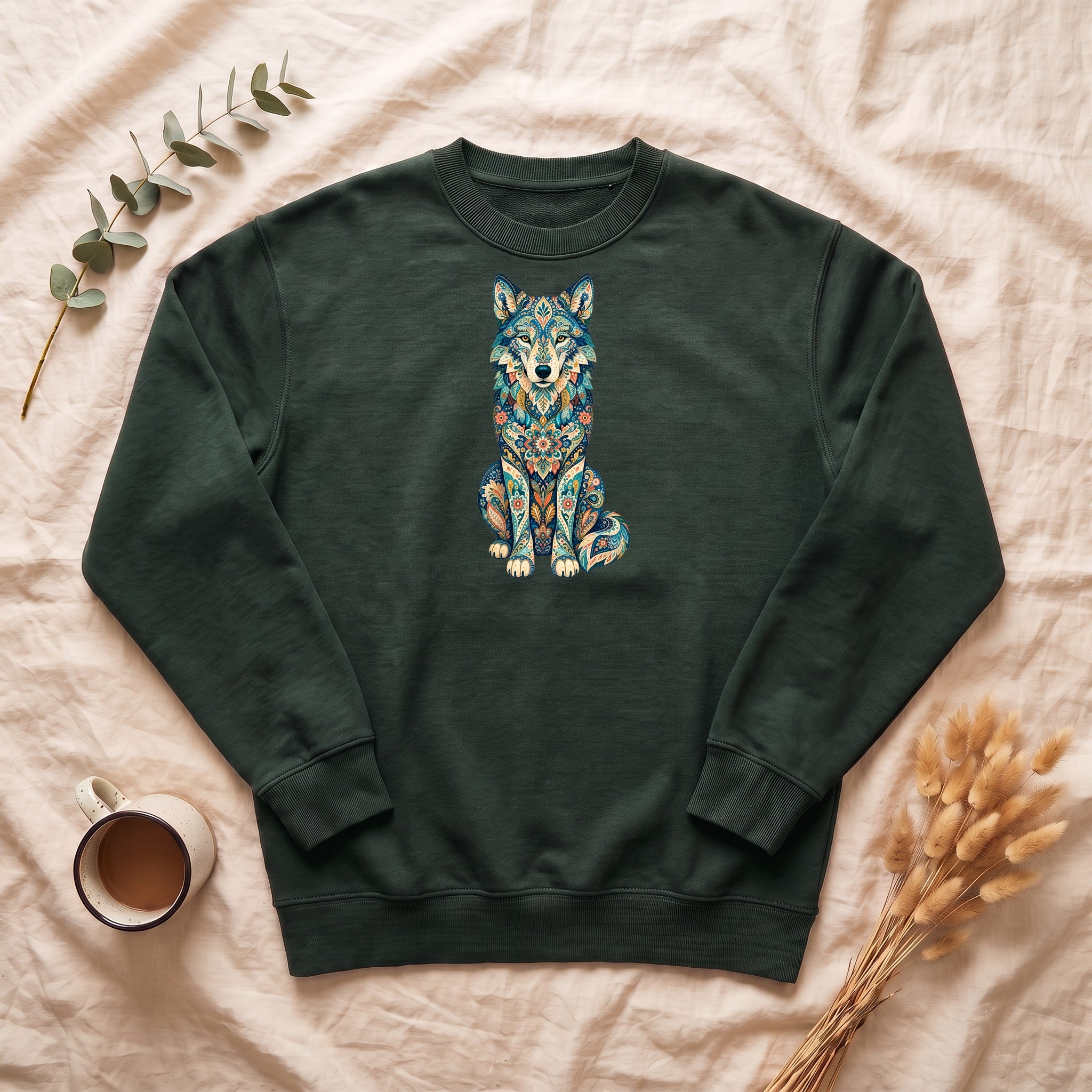 Boho Wolf Shirt, Folk Art Wolf Tee, Japanese Pattern Wolf Lover Gift, Vintage Floral Wolf Sweatshirt