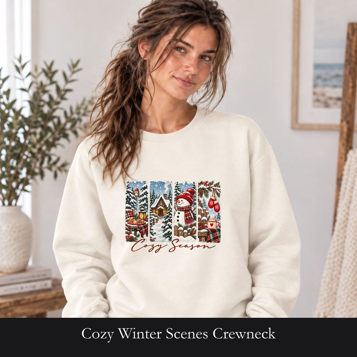 Cozy Winter Scenes Crewneck | Snowman Cabin Holiday Sweatshirt