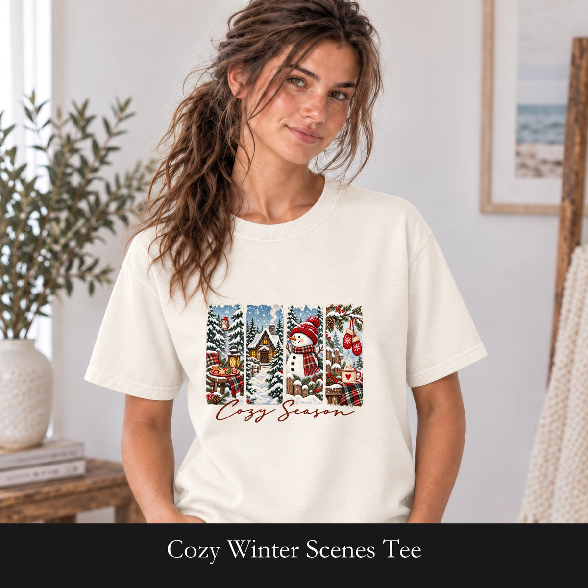 Cozy Winter Scenes Tee | Snowman Cabin Holiday Shirt