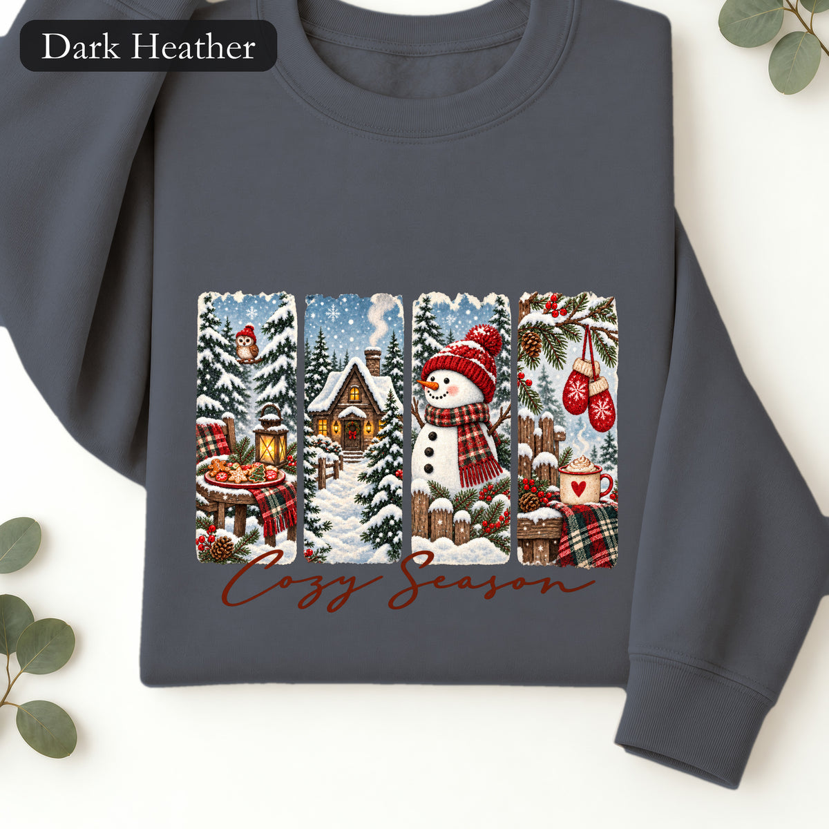Cozy Winter Scenes Crewneck | Snowman Cabin Holiday Sweatshirt
