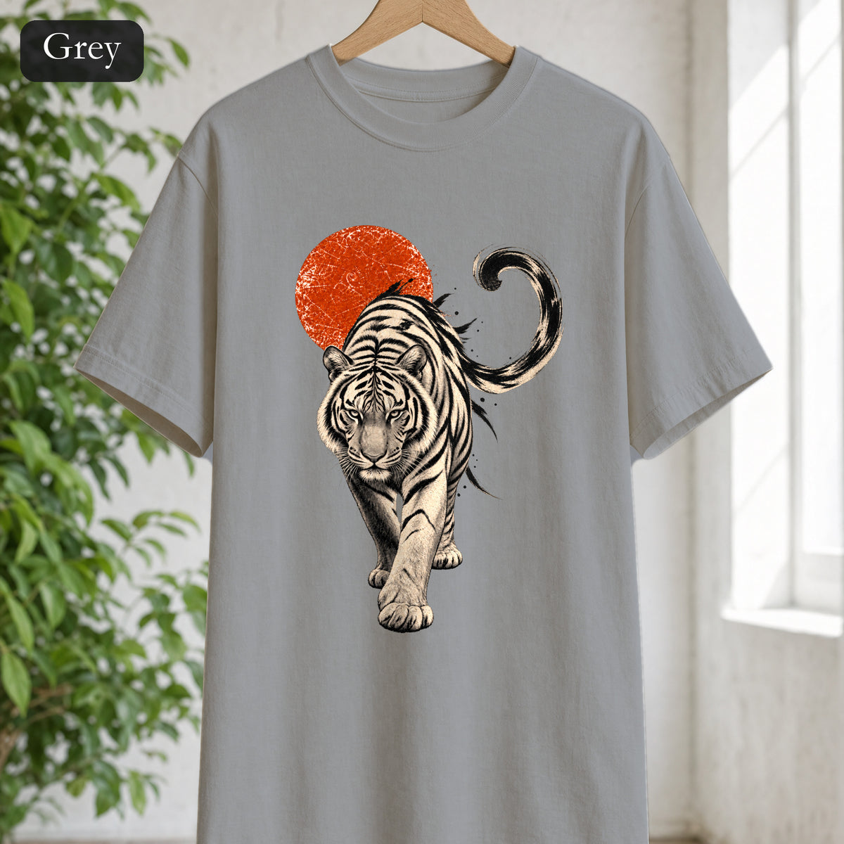 White Tiger with Red Sun Shirt, Japanese Woodblock Tiger Tee, Red Sun Graphic Gift, Asian Art T-Shirt