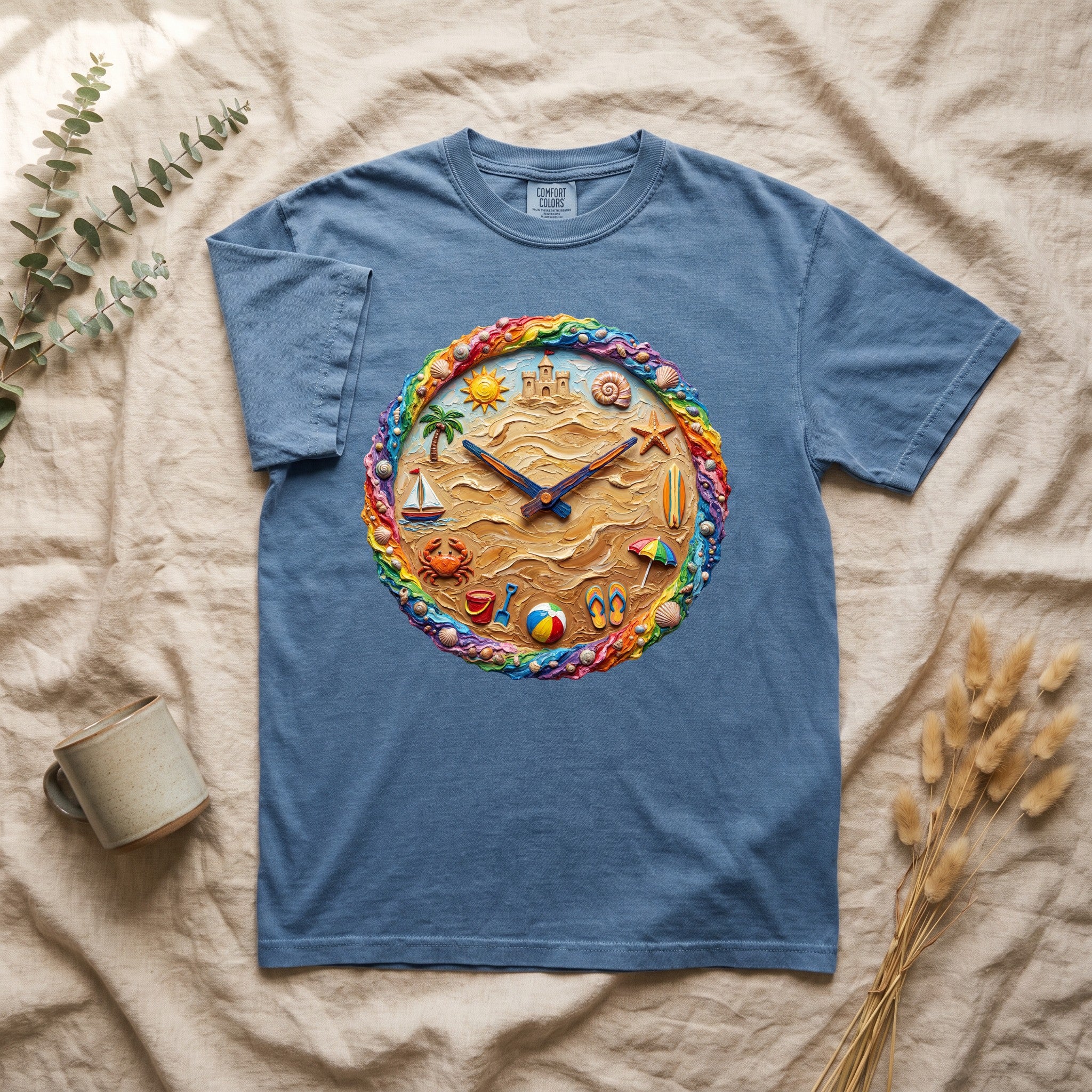 Beach Clock Shirt, Dreamy Coastal Art Tee, Surreal Beach Lover Gift, Summer Ocean Sweatshirt