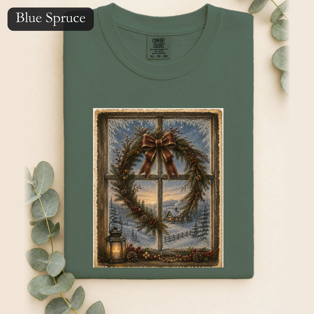 Winter Wreath Window Scene Shirt | Vintage Holiday Postcard