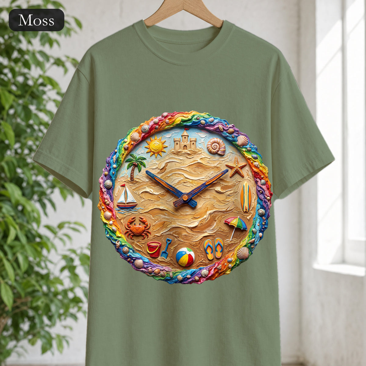 Beach Clock Shirt, Dreamy Coastal Art Tee, Surreal Beach Lover Gift, Summer Ocean Sweatshirt