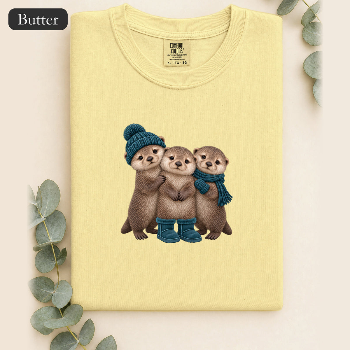 Three Otters Wearing Winter Hats Boots shirt | Cute Otter Trio Design