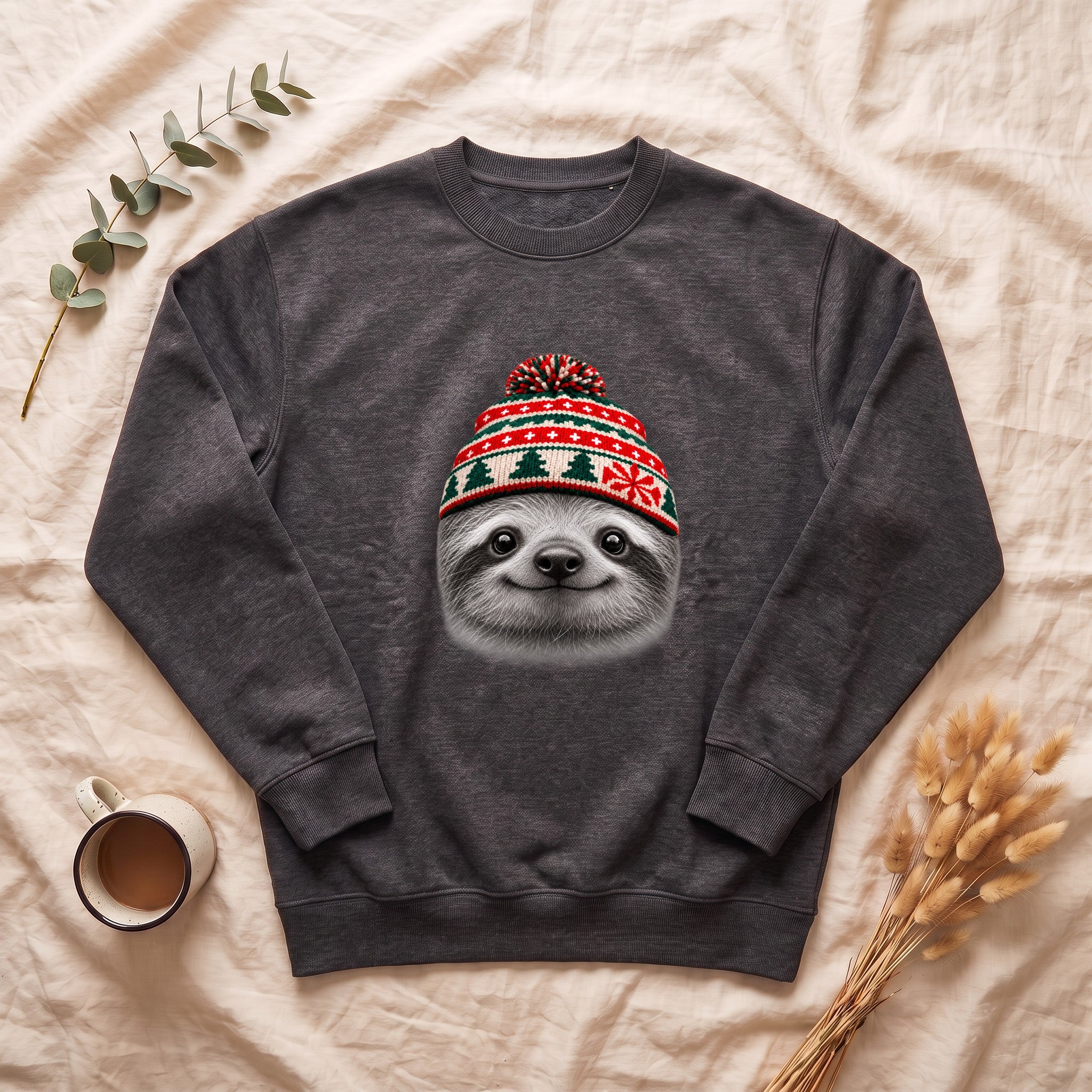 Sloth Wearing Knit Beanie | Cozy Winter Animal Crewneck