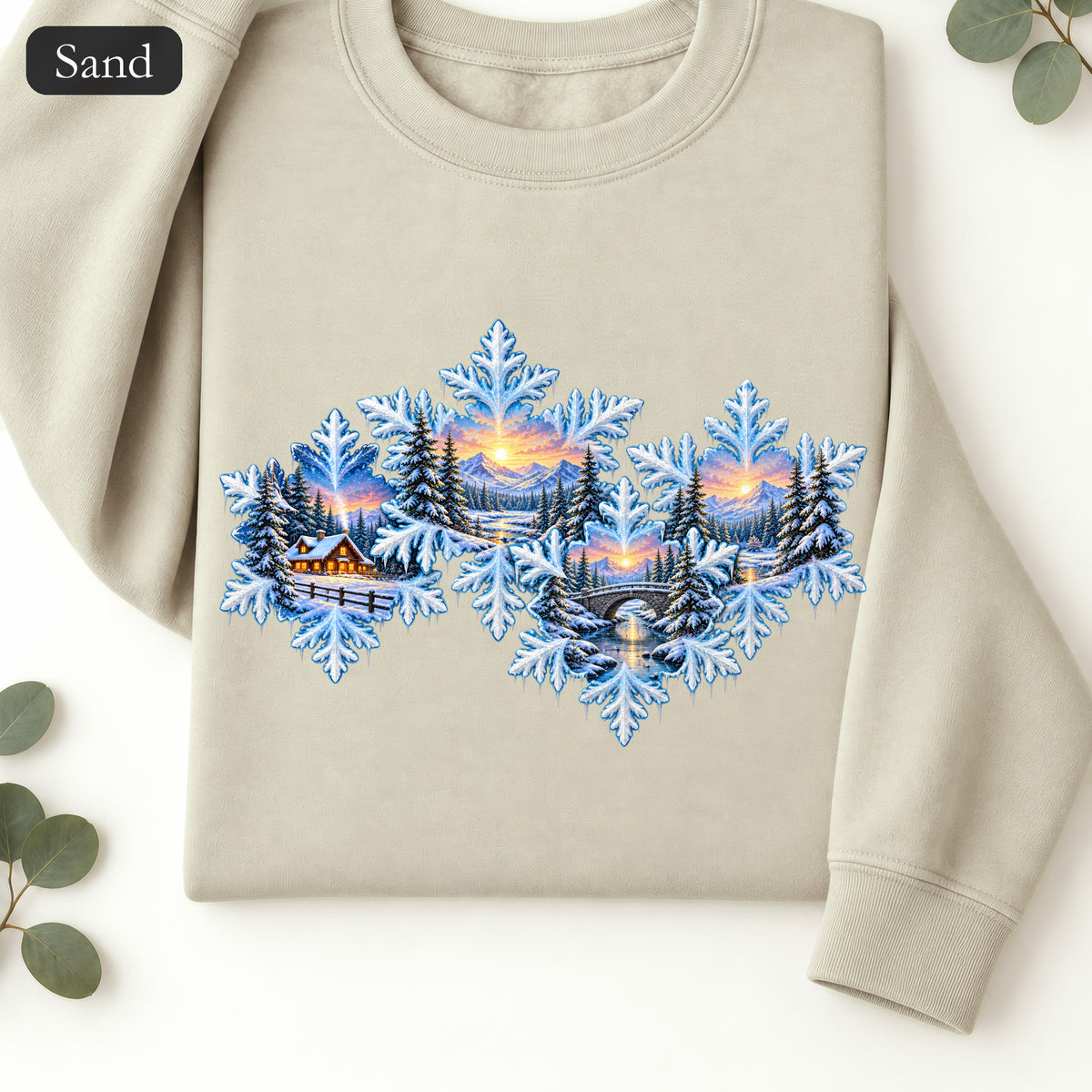 Snowflake Scenic Sunset Crewneck Sweatshirt | Winter Lake Landscape