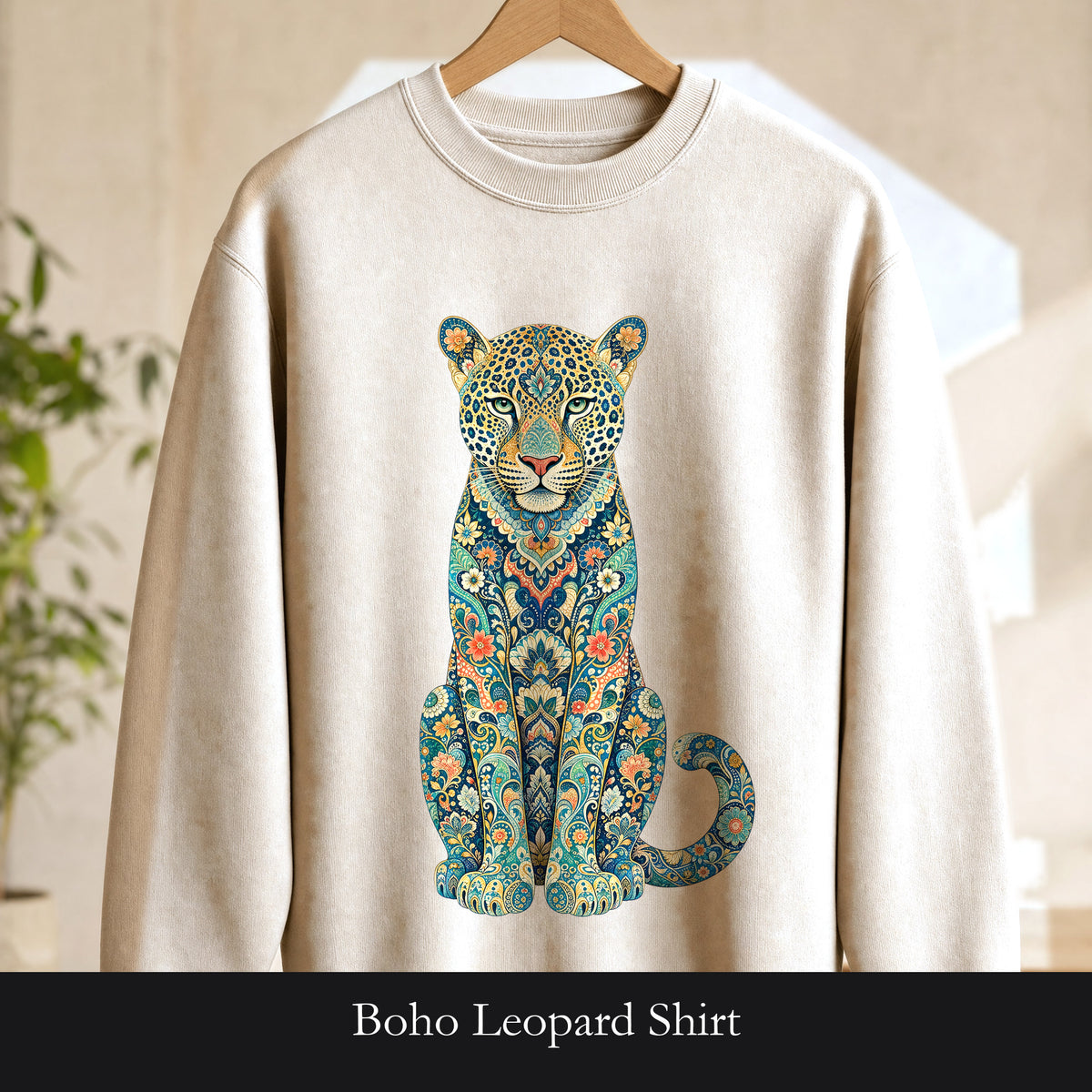 Boho Leopard Shirt, Folk Art Leopard Tee, Japanese Pattern Big Cat Lover Gift, Vintage Floral Leopard Sweatshirt