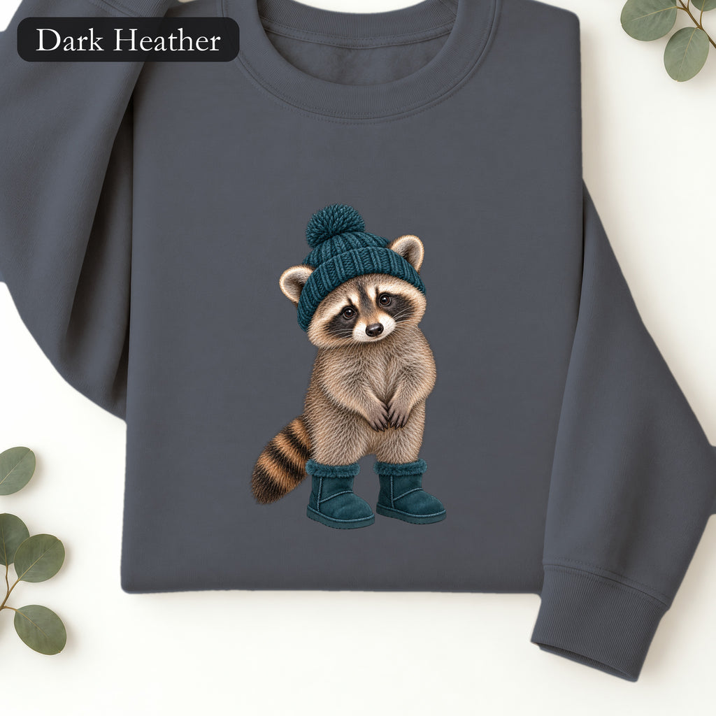 Cozy Raccoon in Beanie and Boots Sweatshirt | Cute Woodland Animal Crewneck