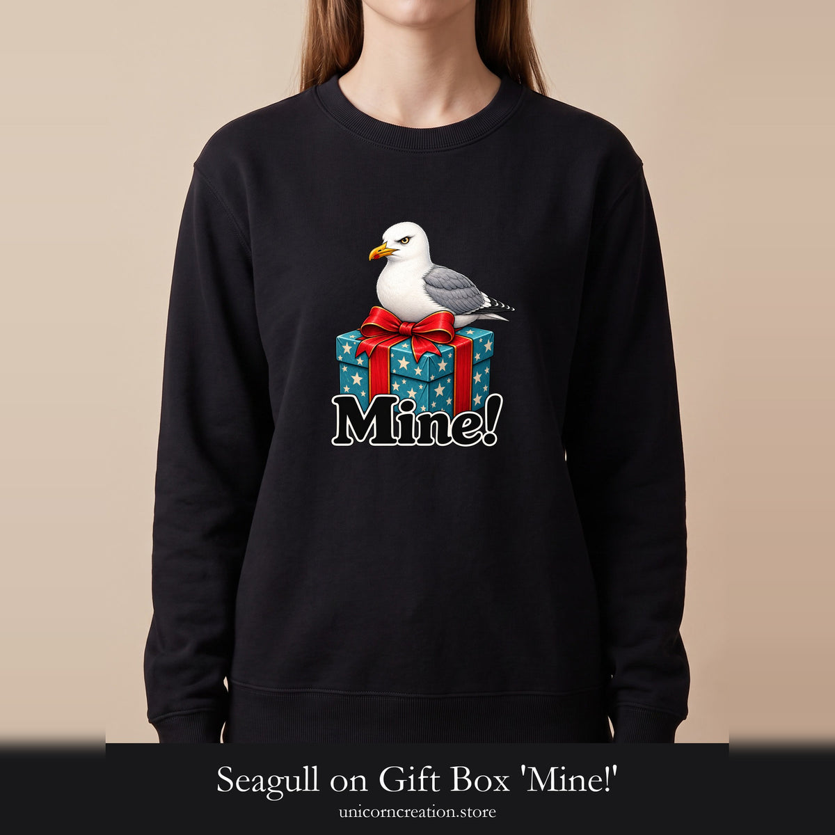 Seagull on Gift Box 'Mine!' Crewneck