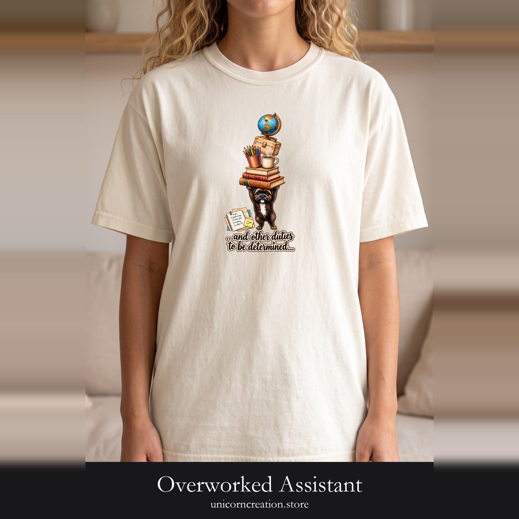 Overworked Assistant | Shirt, stacked books globe reading design