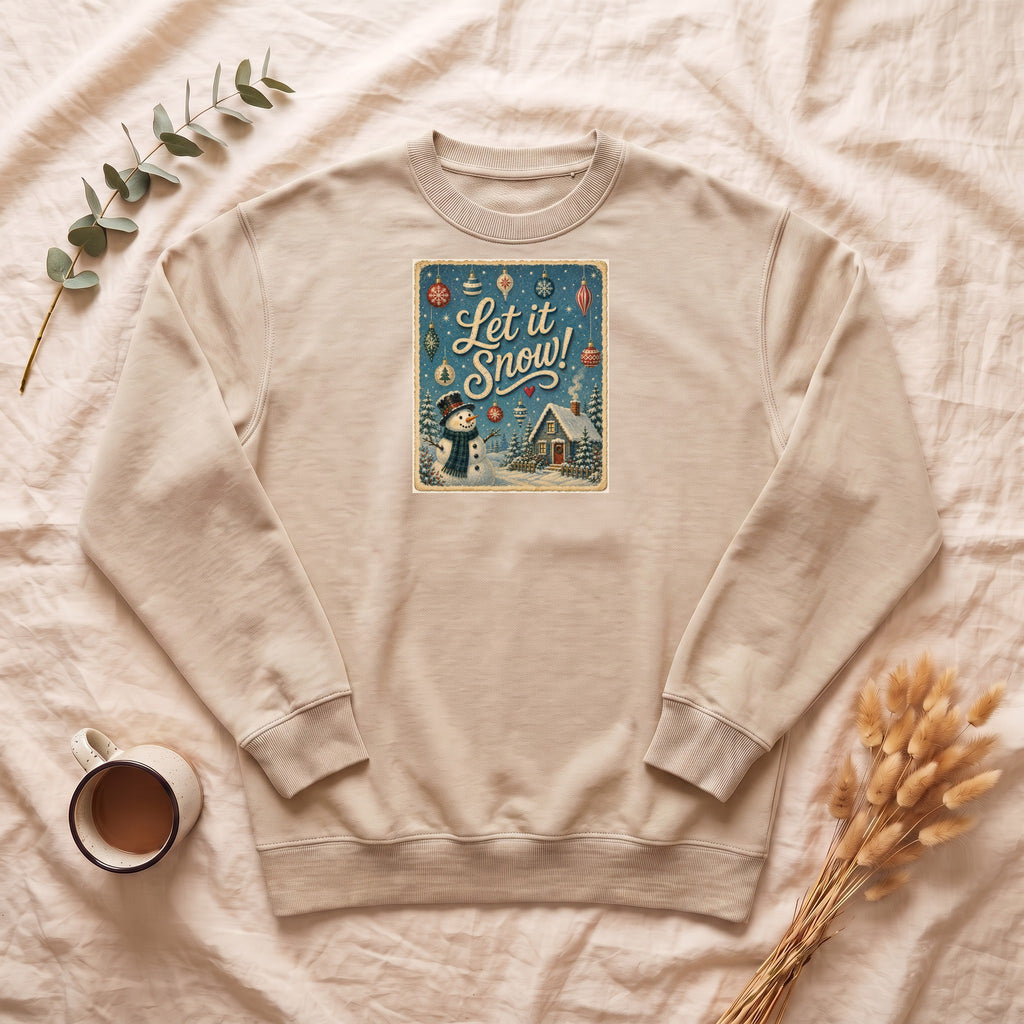Let It Snow snowman cabin scene Sweatshirt | vintage holiday winter design