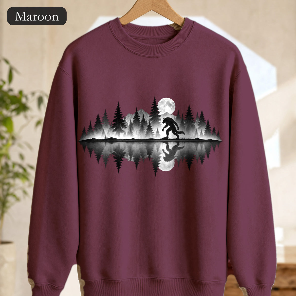 Werewolf Silhouette Moonlight Forest Sweatshirt | Werewolf Lake Reflection