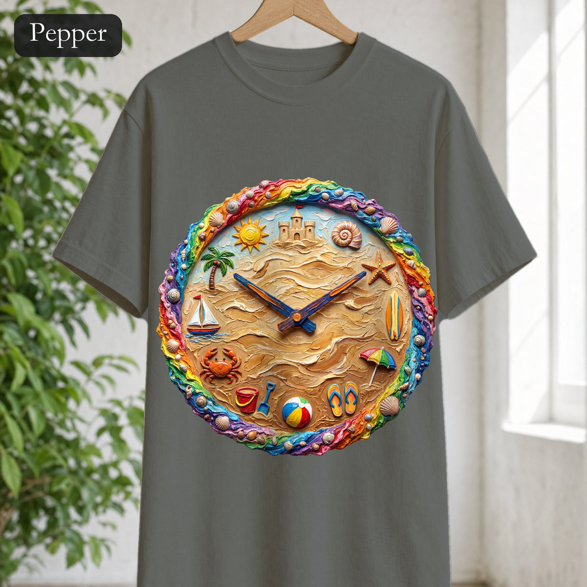 Beach Clock Shirt, Dreamy Coastal Art Tee, Surreal Beach Lover Gift, Summer Ocean Sweatshirt