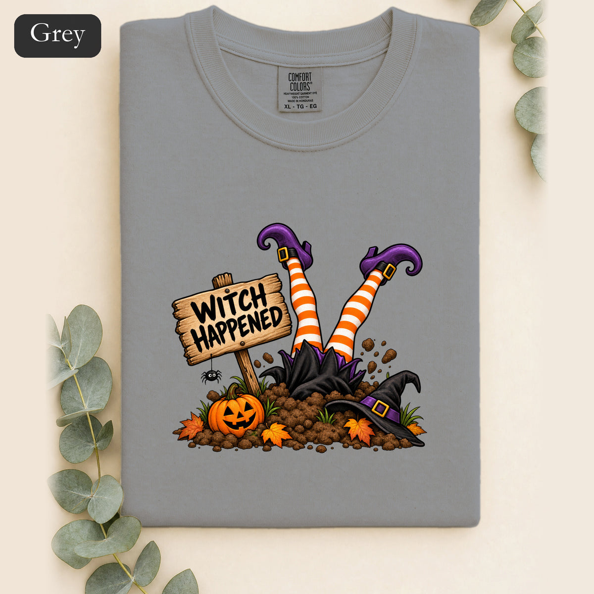 Witch Happened legs up in graveyard Shirt | Halloween witch pumpkin witch design