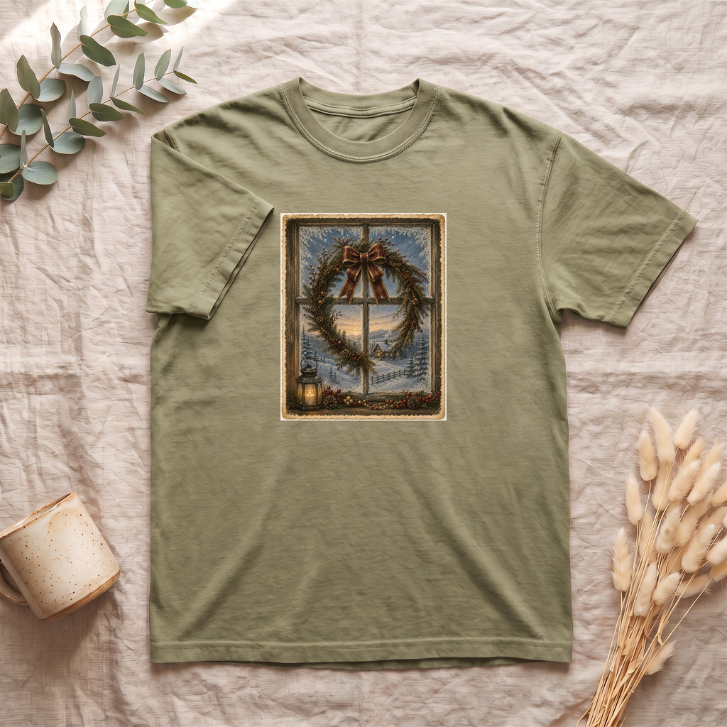 Winter Wreath Window Scene Shirt | Vintage Holiday Postcard