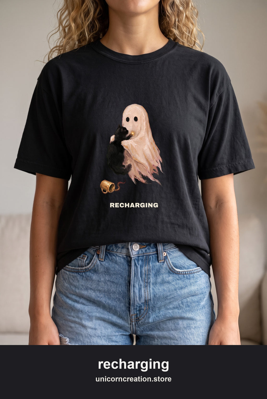 Recharging Ghost & Cat Shirt, Social Battery Introvert Tee, Funny Homebody Halloween Tee, Cozy Cat Lover Gift