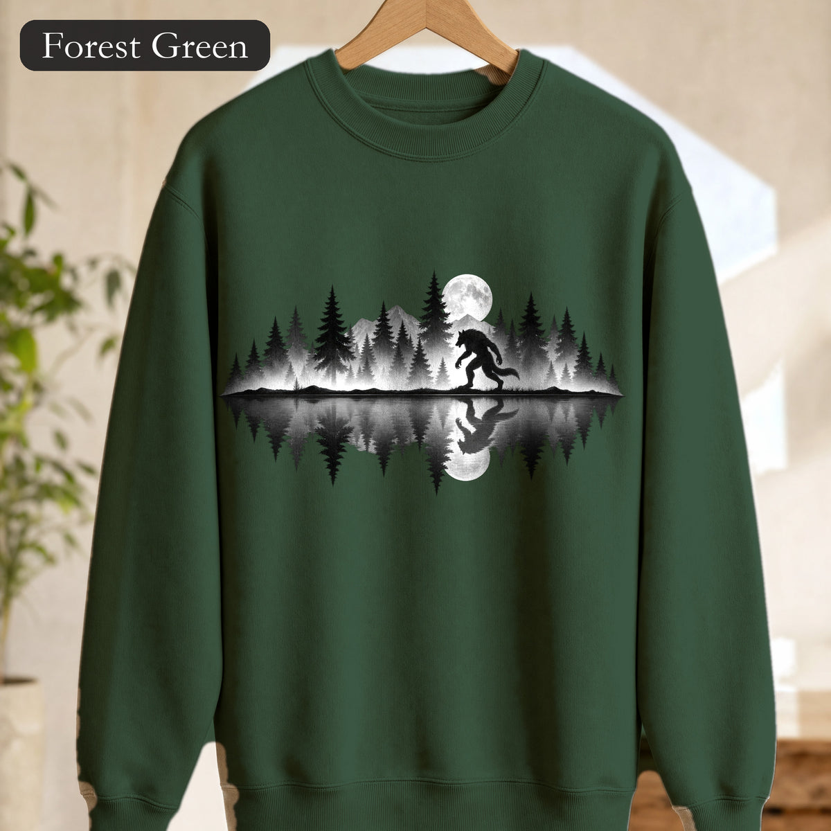 Werewolf Silhouette Moonlight Forest Sweatshirt | Werewolf Lake Reflection