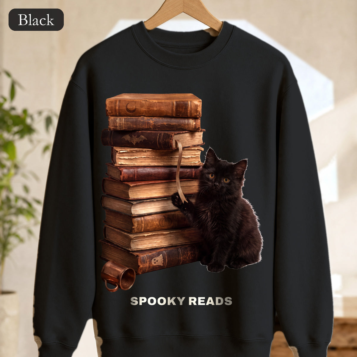 Spooky Reads Cat Sweatshirt, TBR Halloween Book Crewneck, Bookish Spooky Season Sweatshirt, Book Lover Black Cat Gift