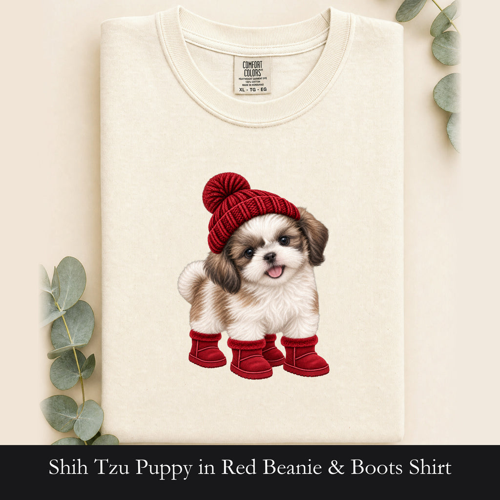 Shih Tzu Puppy in Red Beanie & Boots Shirt | Cute Dog Tee