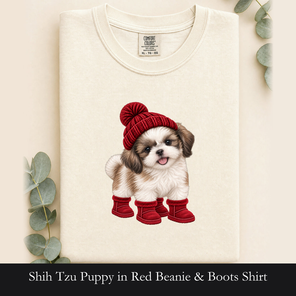 Shih Tzu Puppy in Red Beanie & Boots Shirt | Cute Dog Tee