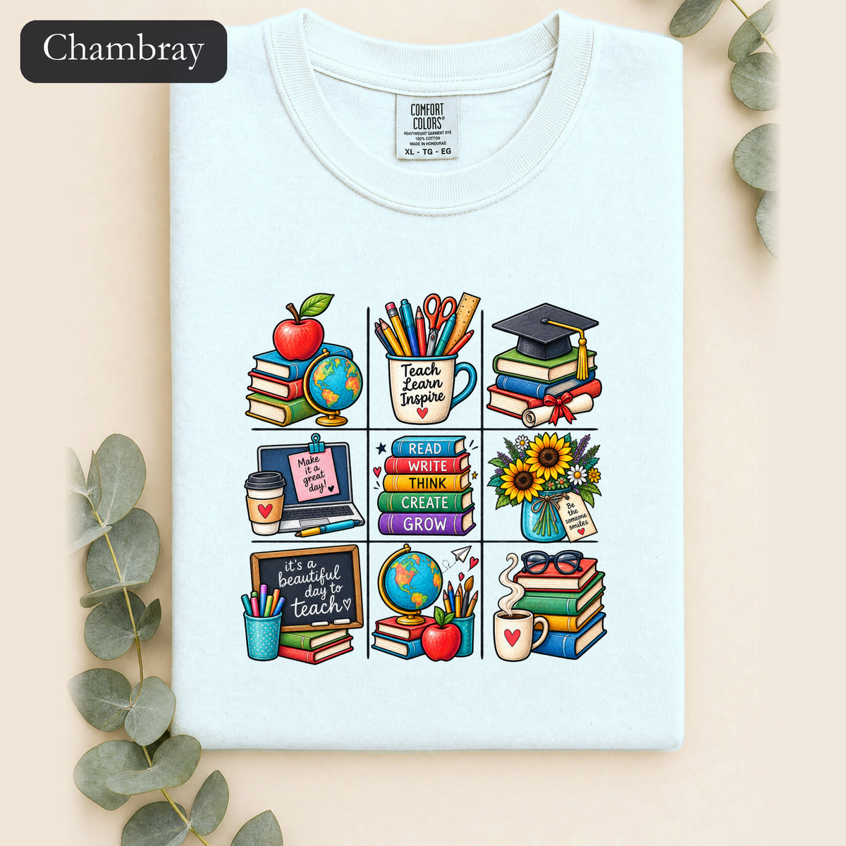 Teacher Classroom Icons Shirt | Books, Globe, Apple, Chalkboard
