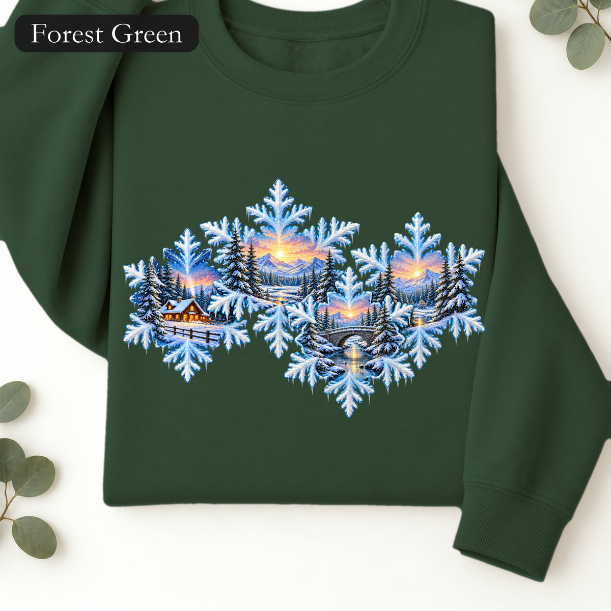 Snowflake Scenic Sunset Crewneck Sweatshirt | Winter Lake Landscape