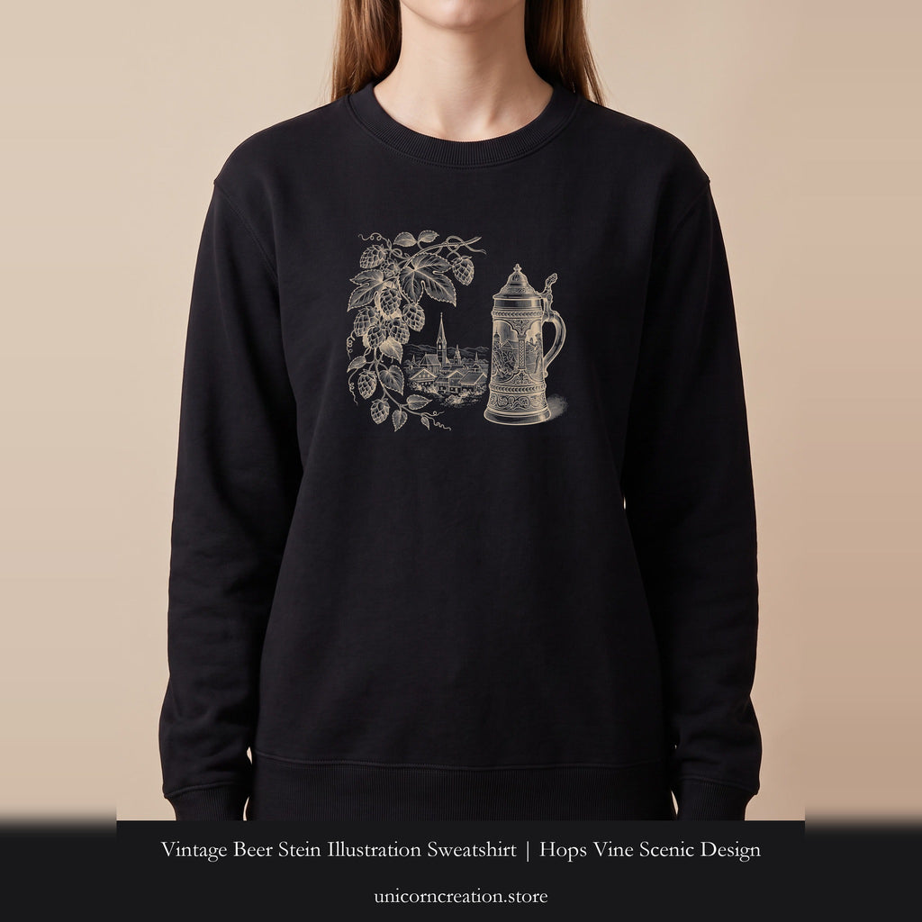 Vintage Beer Stein Illustration Sweatshirt | Hops Vine Scenic Design