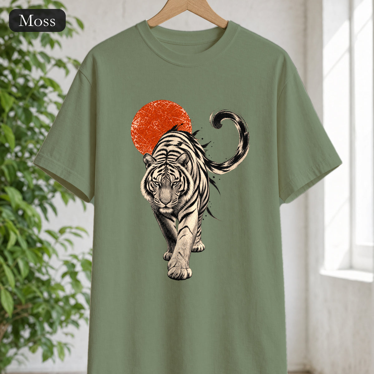 White Tiger with Red Sun Shirt, Japanese Woodblock Tiger Tee, Red Sun Graphic Gift, Asian Art T-Shirt