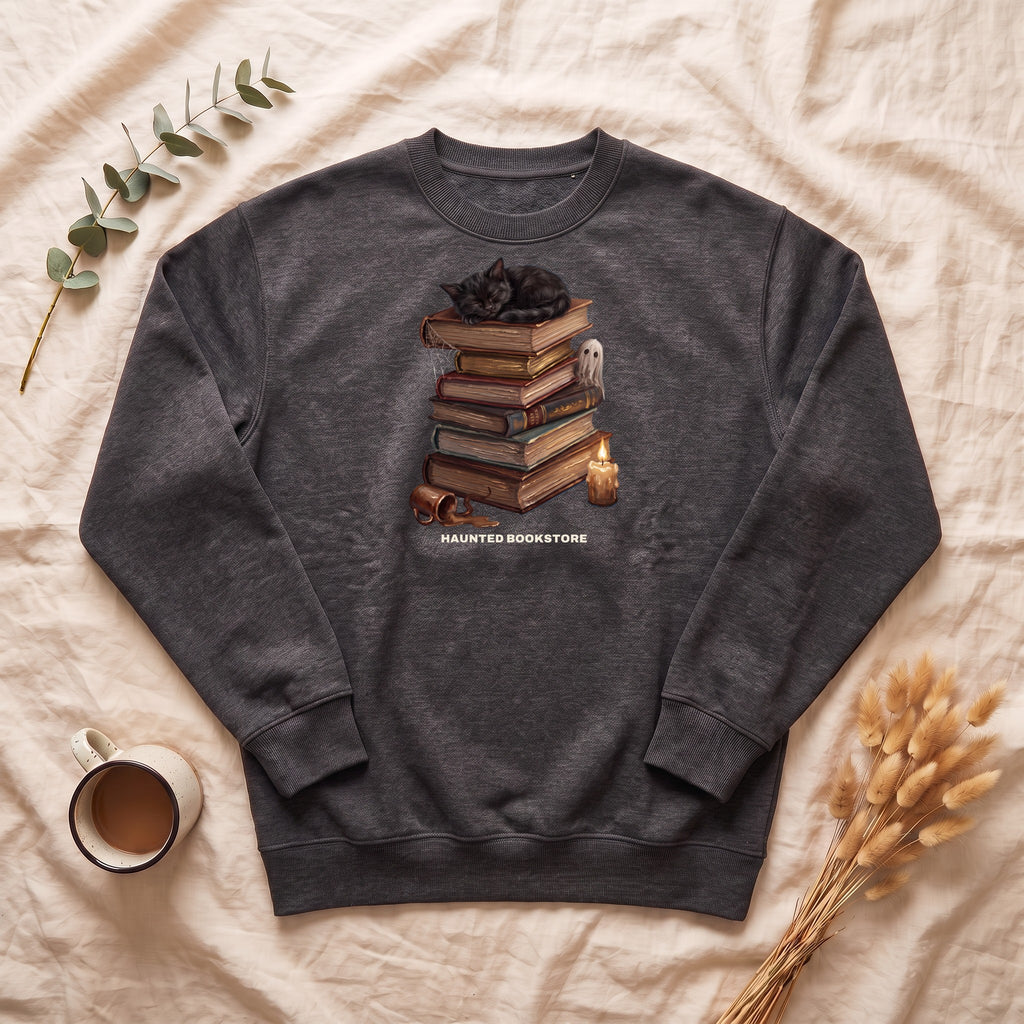 Haunted Bookstore Cat Sweatshirt, Bookish Halloween Crewneck, Dark Academia Ghost Sweatshirt, Book Lover Spooky Season Gift