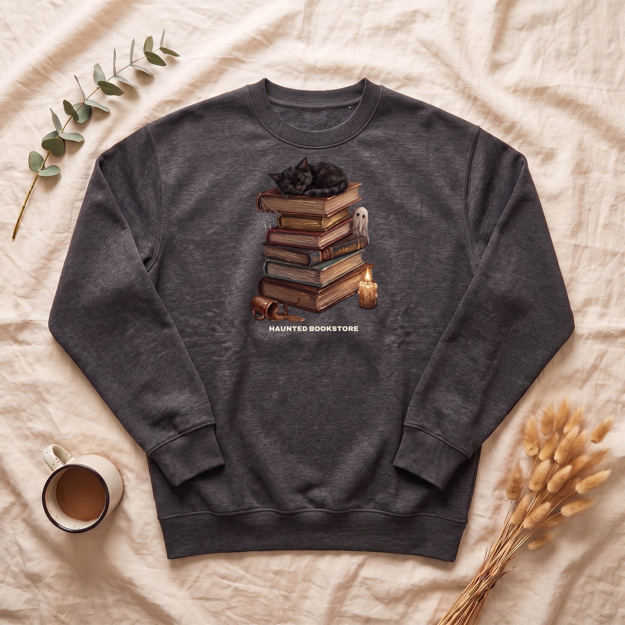 Haunted Bookstore Cat Sweatshirt, Bookish Halloween Crewneck, Dark Academia Ghost Sweatshirt, Book Lover Spooky Season Gift