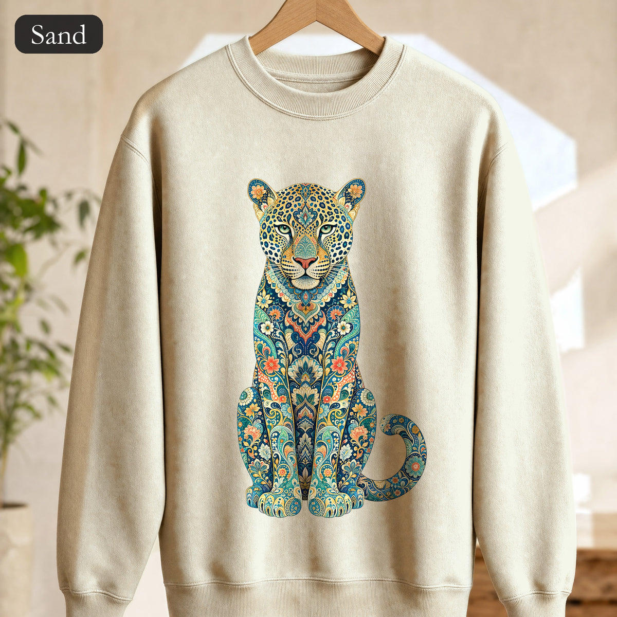 Boho Leopard Shirt, Folk Art Leopard Tee, Japanese Pattern Big Cat Lover Gift, Vintage Floral Leopard Sweatshirt
