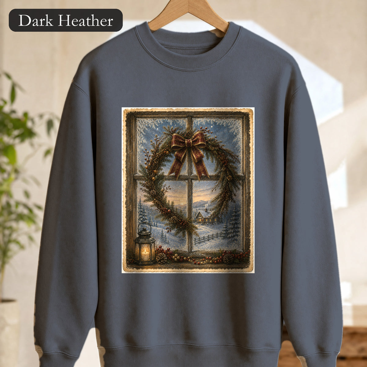 Winter Wreath Window Scene Sweatshirt | Vintage Holiday Postcard