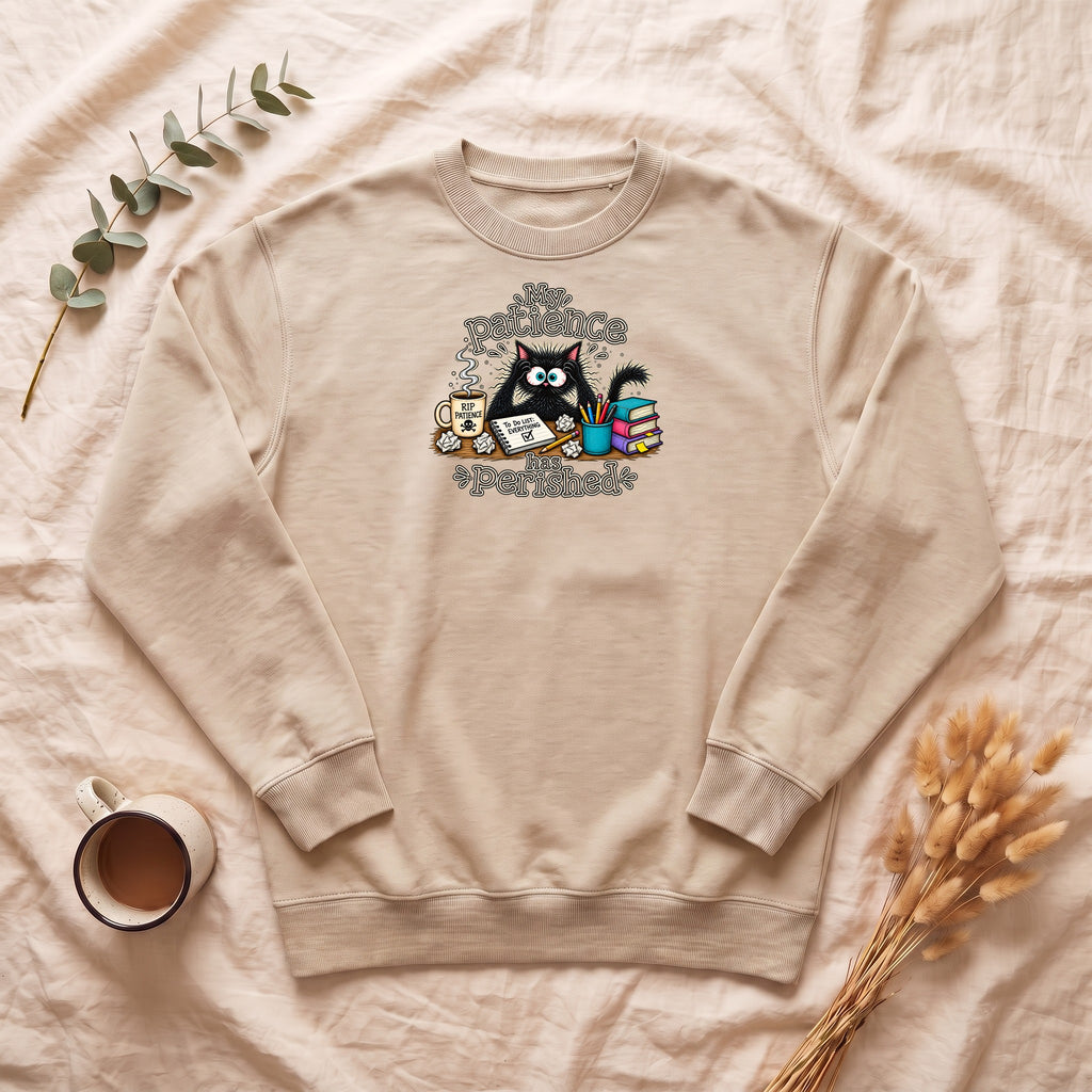 My Patience Has Perished cat crewneck sweatshirt | Cute grumpy cat illustration, coffee and books