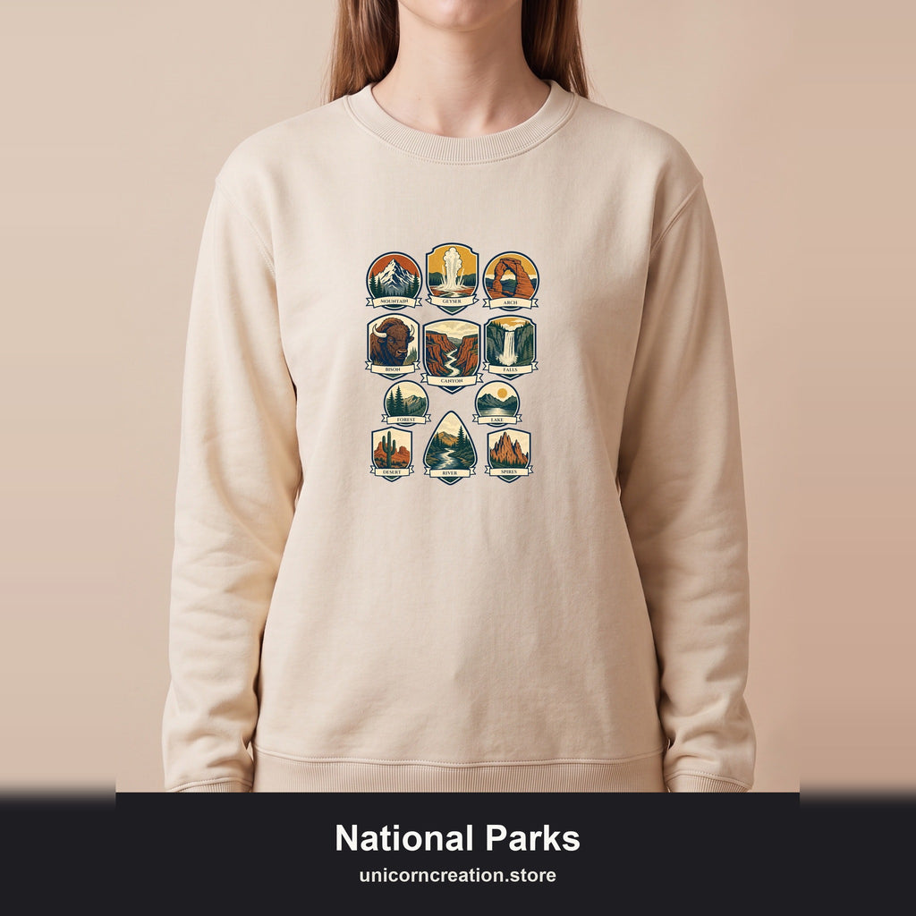 National Parks Shirt, 63 National Parks Badge Tee, Hiking Camping Gift, Retro Adventure Sweatshirt, Outdoor Nature Lover