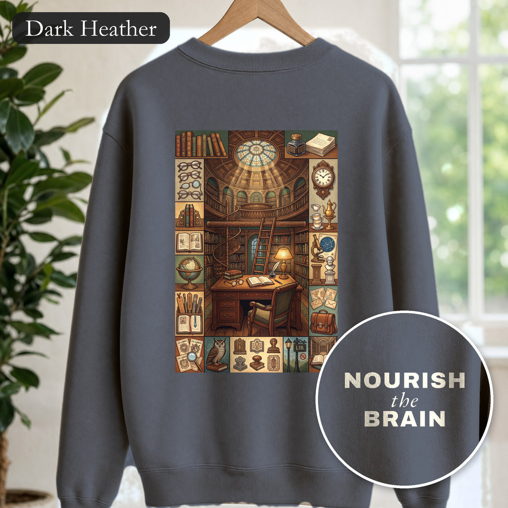 Nourish the Brain Sweatshirt, Vintage Library Poster Crewneck, Dark Academia Book Lover Sweatshirt, Librarian Reader Gift