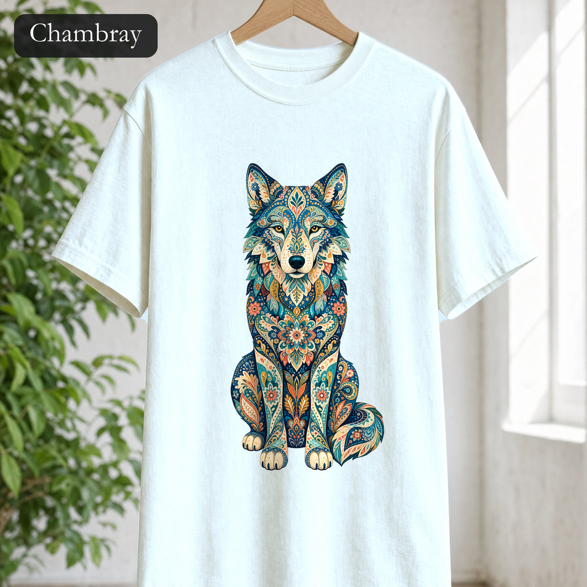 Boho Wolf Shirt, Folk Art Wolf Tee, Japanese Pattern Wolf Lover Gift, Vintage Floral Wolf Sweatshirt