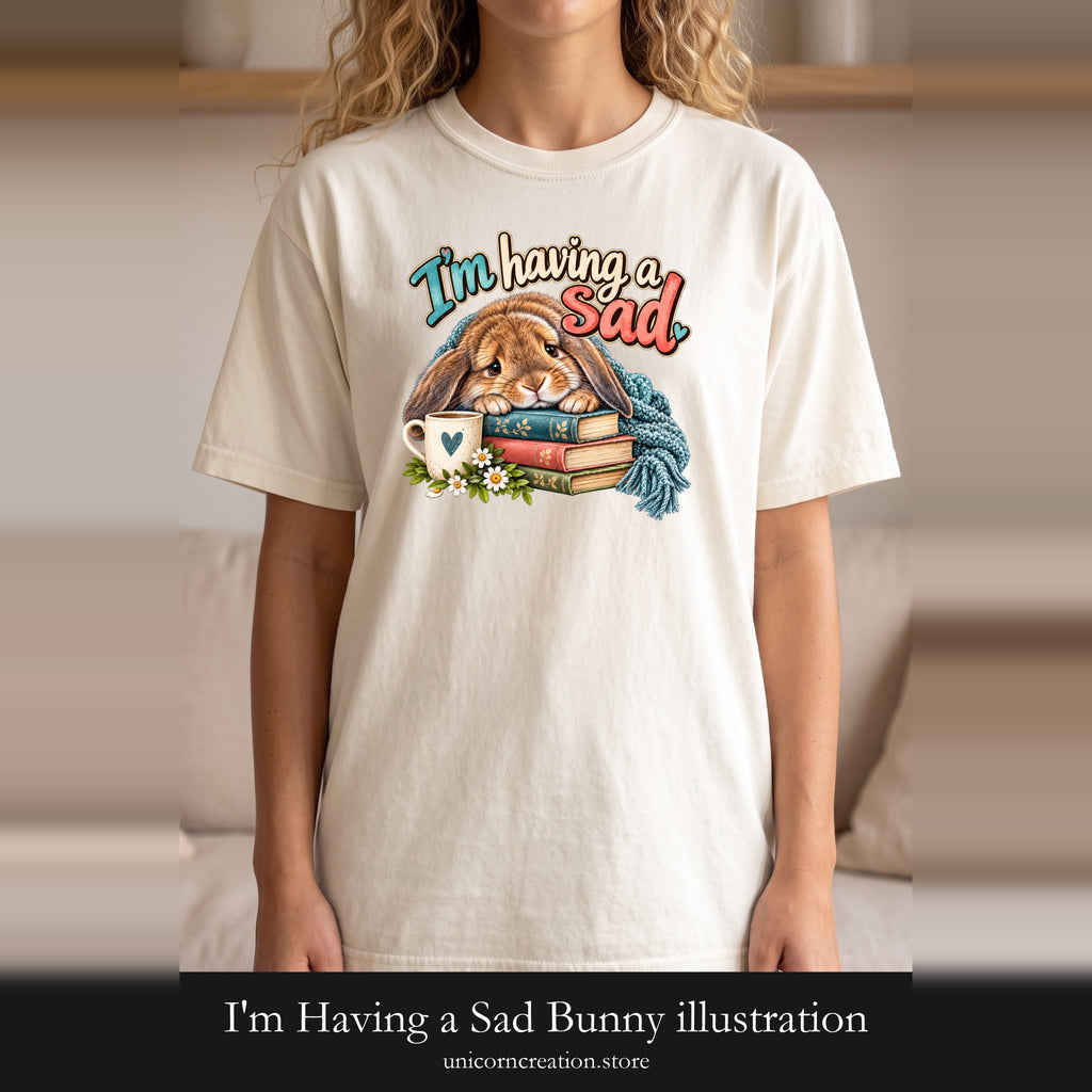 I'm Having a Sad Bunny illustration Shirt | sad rabbit, books, cozy mug
