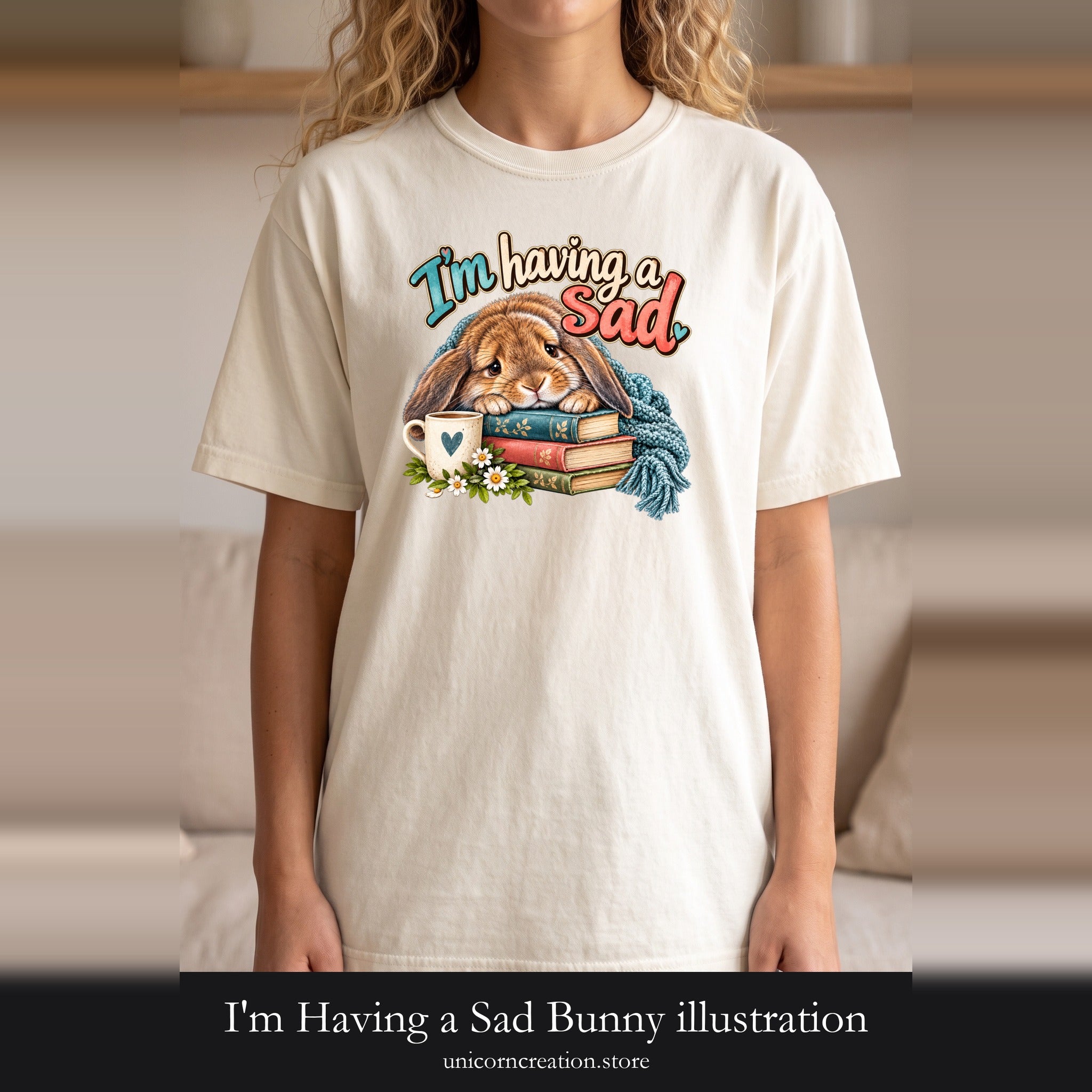 I'm Having a Sad Bunny illustration Shirt | sad rabbit, books, cozy mug